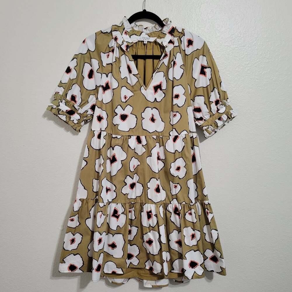 Crosby Isabelle Green Yellow Floral Print Puff Sleeve Tiered Mini Dress Size XS - Picture 2 of 8